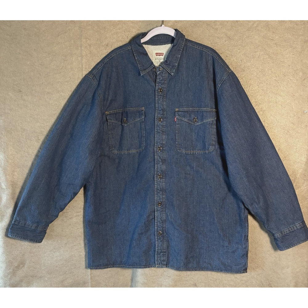 Levis Sherpa Lined Denim Trucker Jacket Mens‎ XL Blue Pockets Utility Chore